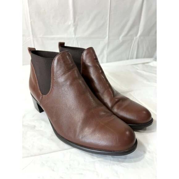 Munro Womens Shari Boot Size 9.5 Brown Leather Chelsea Bootie Block Heel Pull On - Picture 1 of 13